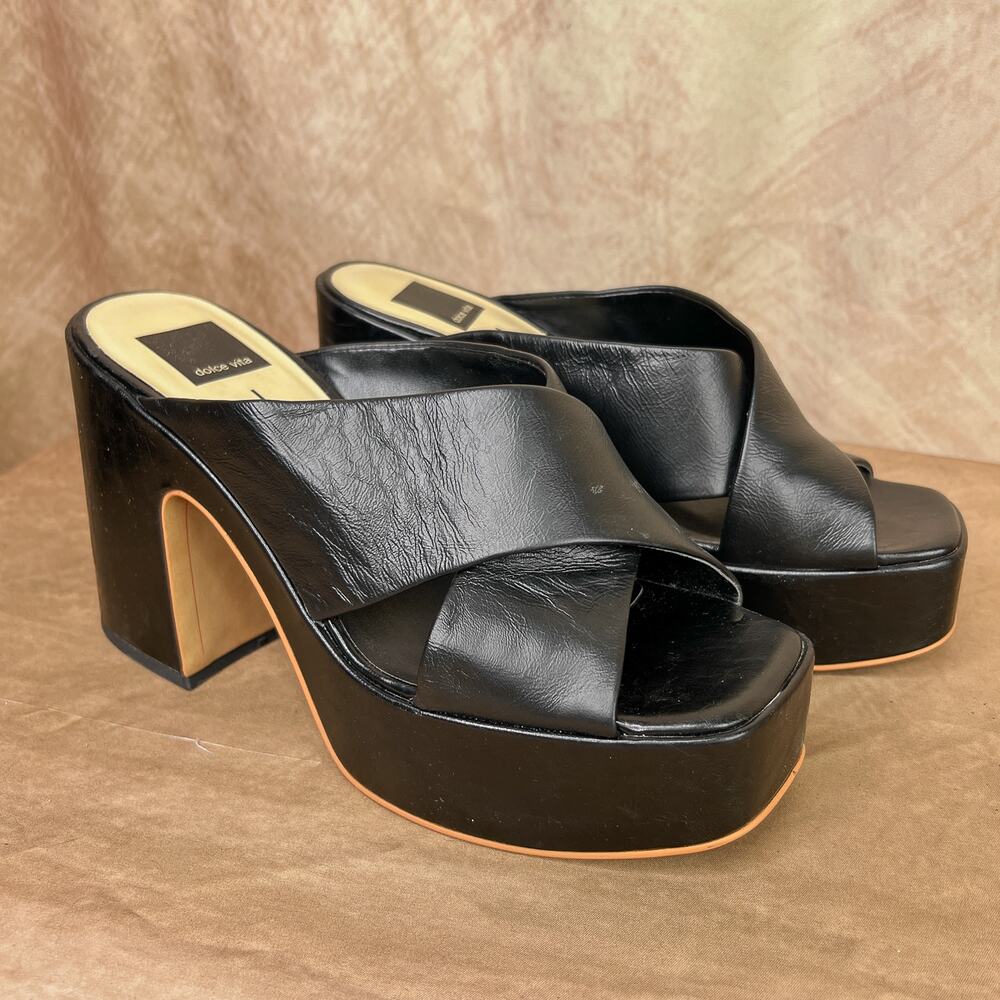 Y2K Chunky Platform Sandals High Heels Black Faux Leather Square Toe Indie Euro
